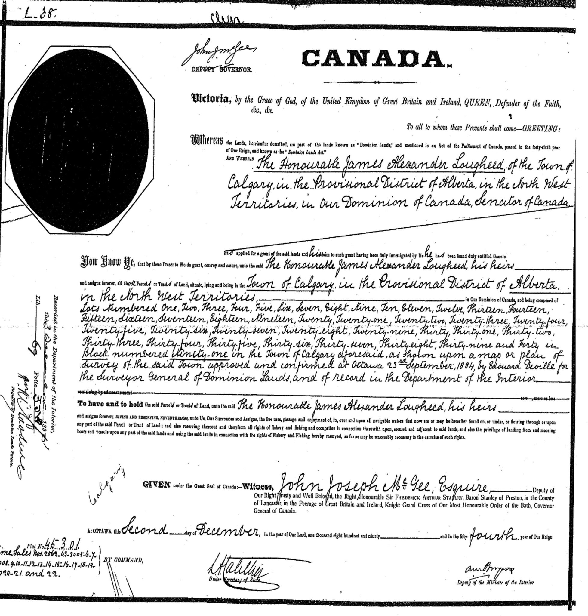 James Lougheed's Dominion Land Grant | December 2, 1891