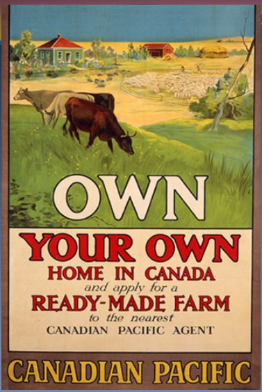 Coloured illustration of a farm with cows. There is text that reads "Own Your Own Home in Canada" and "Canadian Pacific".