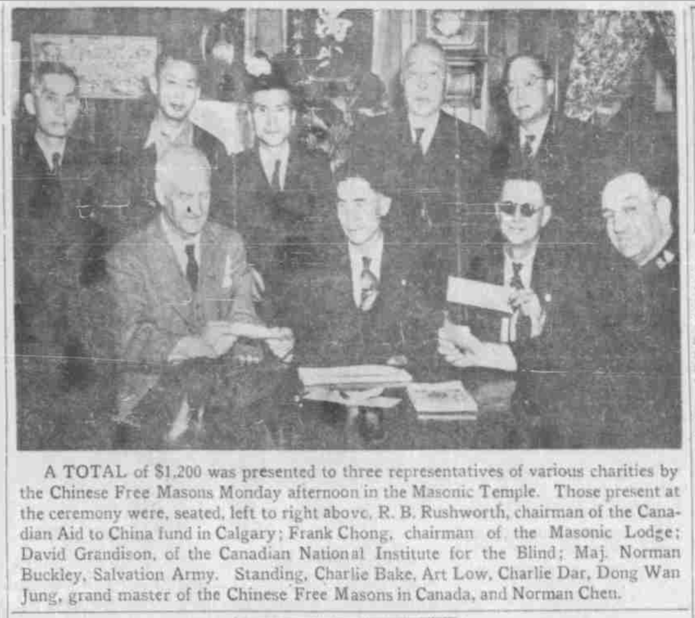 Newspaper photograph of a group of men presenting a donation to charity. Caption below photo. 