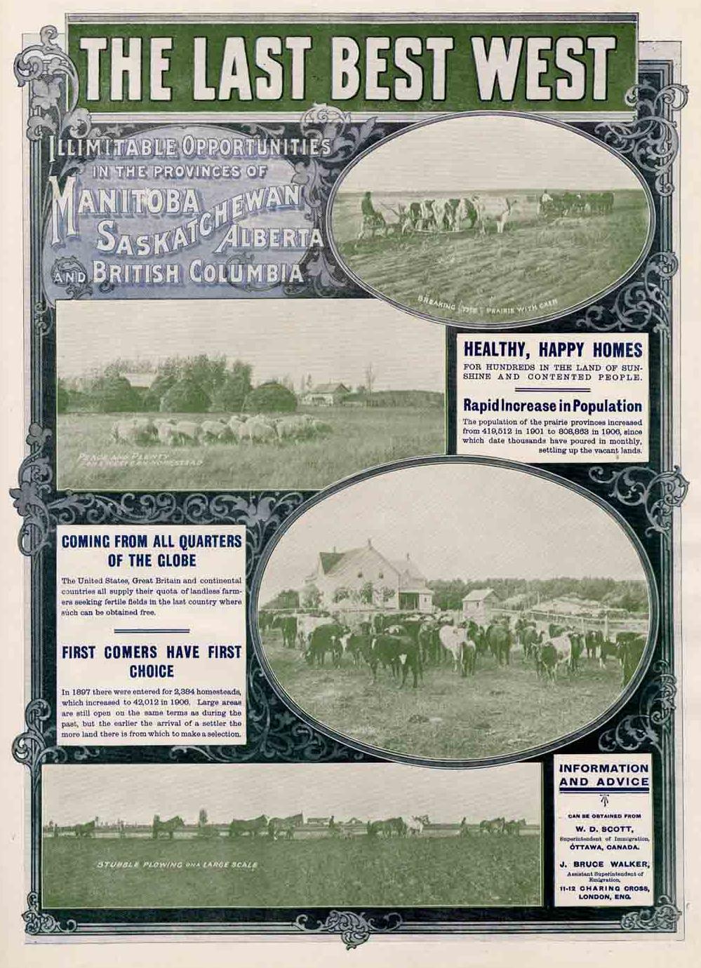 Advertisement for immigration to Canadian West. Poster printed in black, blue, and green ink. Four images of farming and farm land, with captions. Title reads "The Last Best West".