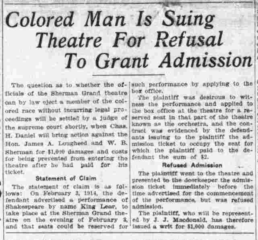 Scan of a newspaper articled titled "Colored Man is Suing Theatre For Refusal to Grant Admission".