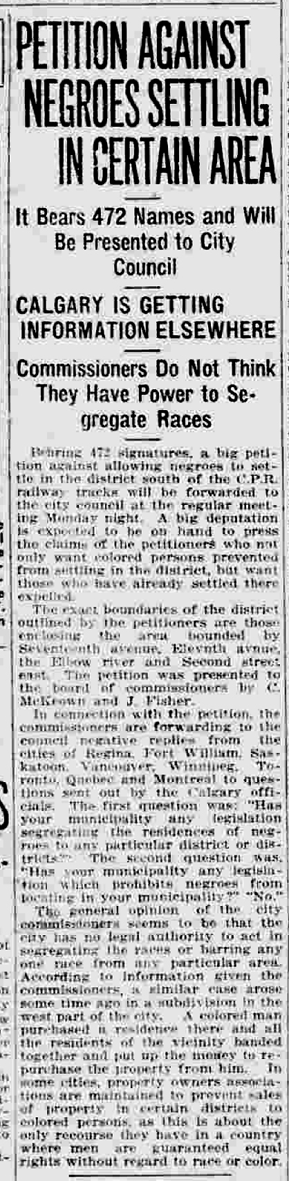 Scan of a newspaper article titled "Petition Against Negroes Settling in Certain Area".