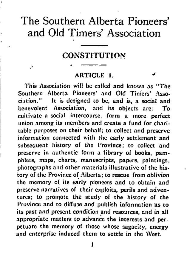 Excerpt from a page of a book. Title of the chapter is "The Southern Alberta Pioneers' and Old Timers' Association, Constitution, Article 1."